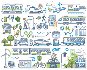 Wall Mural - Sustainable transportation or environmental power type outline collection set, transparent background. Elements with green electricity powered vehicle.