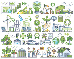 Wall Mural - Sustainable investment elements and green ESG ecology outline collection, transparent background. Social responsible business strategy.