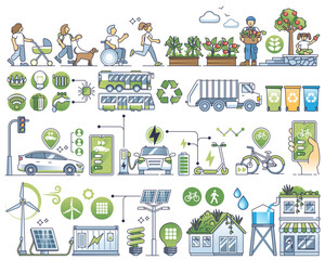 Sustainable city community and green lifestyle living outline collection set, transparent background. Elements with ecological awareness, alternative electricity sources, waste management.