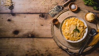 Copy Space image of Macaroni and Cheese, Pasta combined with a creamy cheese sauce.