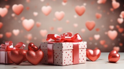 Wall Mural - Valentine's day Pink Gift box with red hearts decorations on pink background The concept of a holiday surprise for Valentine's Day, New Year's, or Christmas. Valentines Day concept