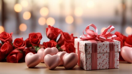 Wall Mural - Valentine's day Pink Gift box with red hearts decorations on pink background The concept of a holiday surprise for Valentine's Day, New Year's, or Christmas. Valentines Day concept