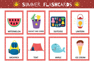 Wall Mural - Summer flashcards collection for kids. Flash cards set with cute characters for school and preschool. Learning to read activity for children. Vector illustration