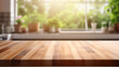 © Andrii Yablonskyi - Empty Beautiful wood table top and blur bokeh modern kitchen interior background in clean and bright, Ready for product montage created with Generative Ai