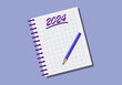 Propósitos para 2024. Libreta cuadrículada con el año 2024 escrito como título y lápiz para anotar los propósitos del nuevo año