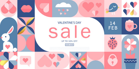 Wall Mural - Happy Valentines Day Sale, February 14th. Vector illustration for banner, posters, holiday cover . Abstract design with romantic decorative elements. Modern minimalist geometric style.