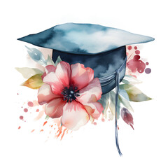 Watercolor graduating cap with flower bouquet on a transparent background