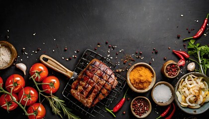 Wall Mural - steak new York beef breeds of black Angus with herbs, garlic and butter on a wooden Board.