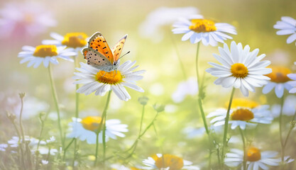 Aufkleber - Beautiful butterfly on a daisy flower in nature outdoors close up macro in spring or summer.