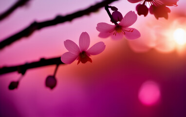 Poster - Beautiful spring floral natural background with soft focus. Pink sakura flowers in the rays of the sun in the evening at sunset, close up macro.