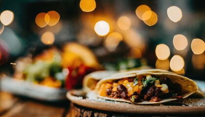 Copy Space image of Burrito wraps from fillet grilled chicken, pickles, tomatoes and cheese on night bokeh street background