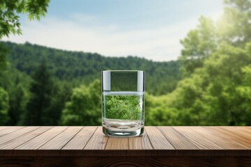 Clear water in a clear glass against a background of green moss with a mountain river in the background. Healthy food and environmentally friendly natural water