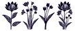 Set of beautifull silhouette flower in linocut style.