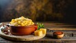 Copy Space image of Mac and cheese american macaroni pasta with cheesy Cheddar sauce with landscape view