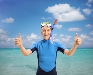 Poster - Senior man with snorkeling equipment wearing a wetsuit and making thumbs up sign in front of a sea