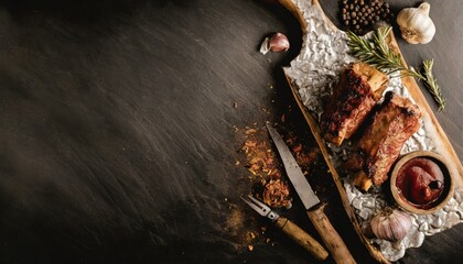 Wall Mural - BBQ Grilled rib eye steak, fried rib eye beef meat on a plate with green salad. Dark background.