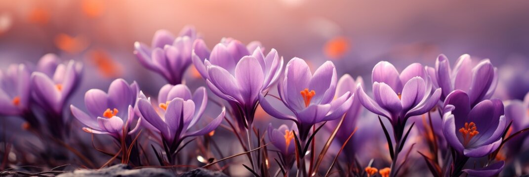 Blooming Purple Crocus Flowers Macro Beautiful , Banner Image For Website, Background, Desktop Wallpaper