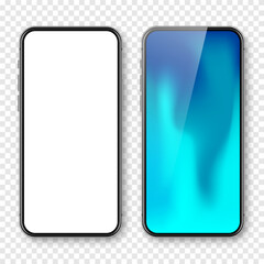 Wall Mural - Smartphone with blank touch screen and abstract colorful background, wallpaper. Frameless mobile phone in front view. High quality detailed device mockup. Vector illustration