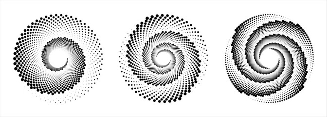 A backdrop with spiraling dots in a monochrome palette. This vector-art illustration features a trendy design element without gradients for frames, round logos, signs, symbols, and prints, 