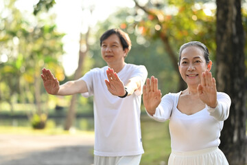 Beautiful active middle age couple doing Qi Gong or Tai Chi exercise for relaxation and health