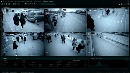 CCTV AI Facial Recognition Camera Authentificating People on Street. Security Camera Surveillance Footage Identity Scanning Crowds of People Walking Safely on Big City Streets. Big Data AI Analysis