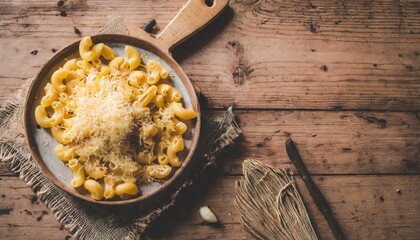 Wall Mural - mac and cheese with corn, bacon topped with panko breadcrumbs on plate on dark wooden