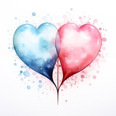 two pink and blue hearts in watercolor, generative ai