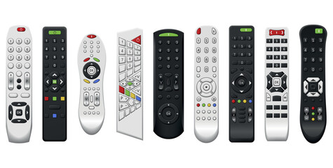 Tv remote controls with buttons in different designs. Wireless power media device to switch channel programmes remotely. Universal controllers of technology equipment, isolated vector illustration