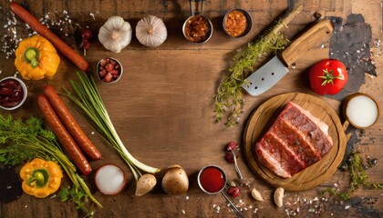 Wall Mural - Barbecue menu. Grilled meat and vegetables on rustic wooden table