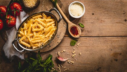 Wall Mural - mac and cheese with corn, bacon topped with panko breadcrumbs on plate on dark wooden