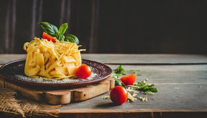 Wall Mural - Copy Space image of Mac and cheese american macaroni pasta with cheesy Cheddar sauce with landscape view