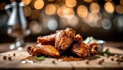 Wall Mural - Copy Space image of Grilled chicken wings with sauces on a wooden board. Traditional baked bbq buffalo wing on bokeh background.