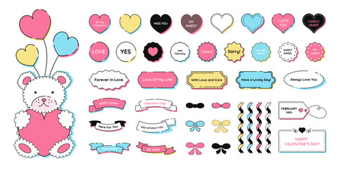 Poster - Cute Valentine's Day set of stickers, hearts, labels, badges with short phrases, teddy bear with balloons, ribbons, bows. Decorative romantic design elements. Vector illustration.