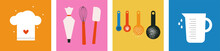 Collection Of Cooking Food Vector Design Elements. Kitchen Utensils Icon Set. Kitchenware For Cooking And Baking. Colorful Spoons. Flat Vector Illustration. Trendy Abstract Style. Scandinavian Design