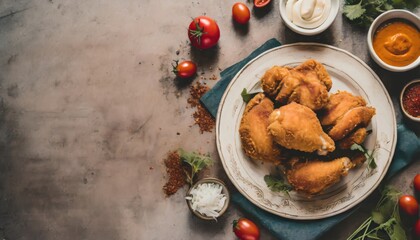 Wall Mural - Copy Space image of crunchy Baked Chicken Tenders on a plate with tomato sauce, flat lay