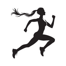 Running Woman Silhouette: Athletic Lady In Action, Surrounded By Waves And Seagulls - Minimallest Woman Running Black Vector
