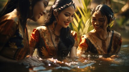 Wall Mural - Thai women Wear the Thai national costume, Bolan. Three people splashing in the water According to the Thai Songkran