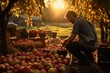 A man kneeling on the ground with a bucket of apples