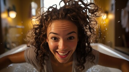 Wall Mural - Cute and happy Hispanic young woman doing self hair treatment after bath