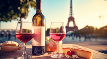 Wine Picnic With The Eiffel Tower In The Background. Selective Focus.