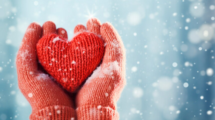 A woman holds a knitted heart in her hands. Selective focus.