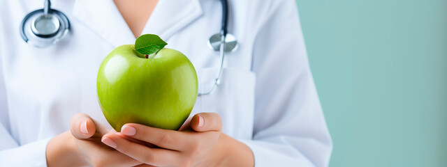 Wall Mural - Woman doctor on the table with vegetables and fruits. Selective focus.