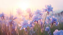 Delicate Soft Pastel Blue Flowers In The Morning Mist, Light Blue Irises On A Wild Field In The Pink Tones Of Spring