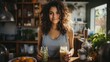 © sirisakboakaew - Hispanic young woman vlogging healthy smoothies recipes in a rustic kitchen