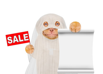 Aufkleber - Smiling Mastiff puppy dog celebrating halloween in ghost costume shows signboard with labeled 
