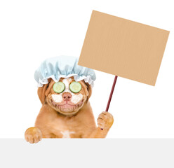 Poster - Mastiff puppy wearing shower cap with pieces of cucumber on it eyes and with cream on it face holding blank banner mock up on wood stick above empty white banner. isolated on white background
