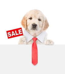 Aufkleber - Cute Golden retriver puppy wearing necktie shows signboard with labeled 