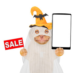 Aufkleber - Mastiff puppy celebrating halloween in ghost costume with withes hat and holding big smartphone with blank screen in it paw and showing signboard with labeled 