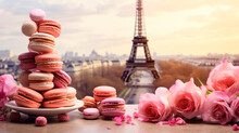 Macarons With The Eiffel Tower In The Background. Selective Focus.