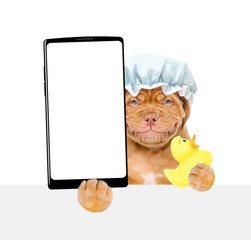 Poster - Mastiff puppy wearing shower cap holds rubber duck and big smartphone with white blank screen in it paw above empty white banner. isolated on white background